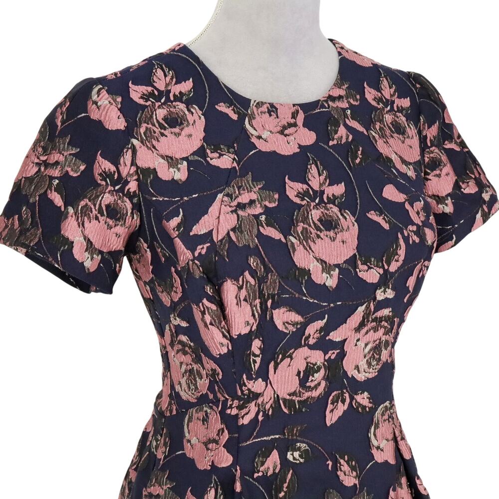 Vince Camuto Dress Womens 6 Navy Blue Pink Floral Brocade Pleated Lined Pockets - Picture 6 of 16